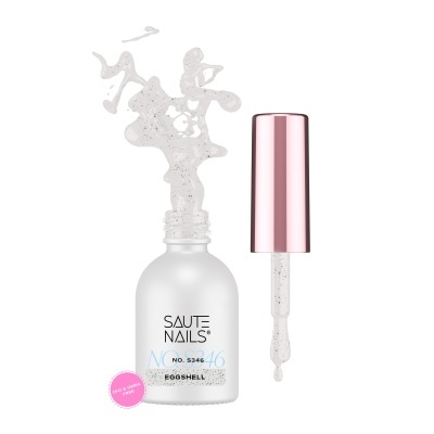 Esmalte de unhas transparente com brilho prateado e frasco fosco branco com tampa rosa