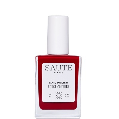 Esmalte de unhas vermelho em frasco de vidro com tampa branca e etiqueta com texto preto