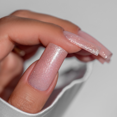 Mãos com unhas rosa cintilante segurando tecido branco com logótipo Saute Nails