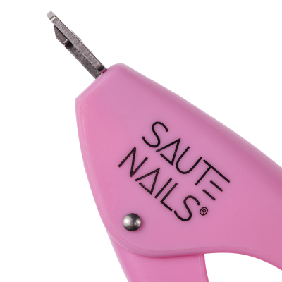 Ferramenta para unhas rosa com texto SAUTE NAILS e lâmina metálica