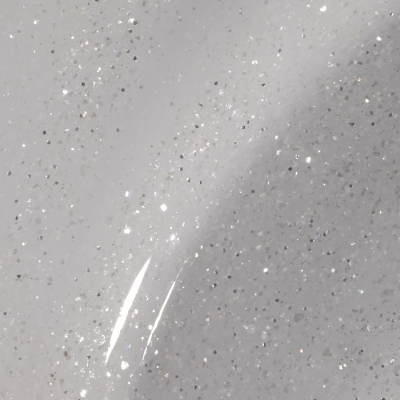 Textura brilhante branca com partículas prateadas e texto SAUTE NAILS