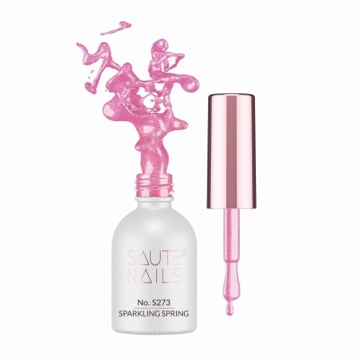 Verniz de unhas rosa brilhante SAUTE NAILS No. S273 SPARKLING SPRING com tampa rosa metalizada e pincel com verniz a escorrer