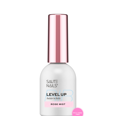 Frasco branco fosco com tampa rosa metálica e rótulo com texto em fundo preto