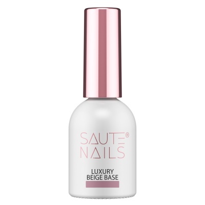 Frasco branco de verniz de unhas Saute Nails Luxury Beige Base com tampa rosa