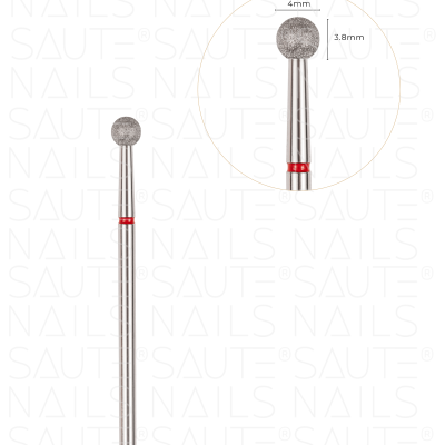 Broca de unha redonda prateada com esfera revestida e anel vermelho na base, com medidas indicadas