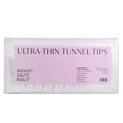 Embala transparente com etiqueta rosa e texto ULTRA-THIN TUNNEL TIPS