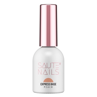 Frasco de produto para unhas branco com tampa rosa metálica e rótulo com texto