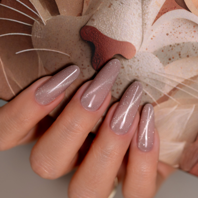 Unhas compridas com verniz rosa com brilhos junto a estátua de gato