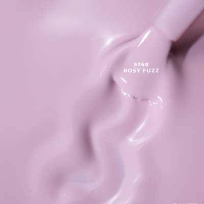 Verniz cor-de-rosa cremoso com código S268 e nome ROSY FUZZ, pincel e marca SAUTÉ NAILS.
