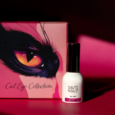 Verniz de unhas Saute Nails 606 Cat Eye Collection com caixa rosa e ilustração de olho de gato