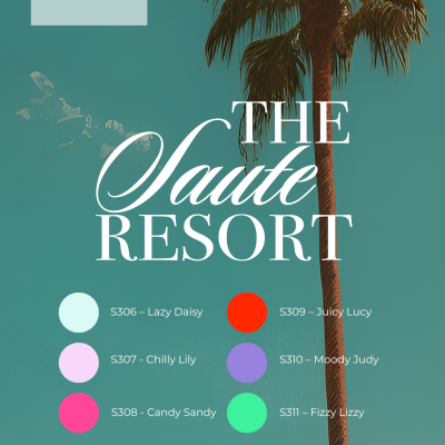 Anúncio Saute Nails com paleta de esmaltes coloridos e palma ao fundo