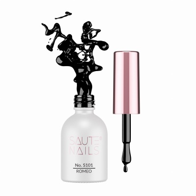 Frasco fosco branco de verniz de unhas com tampa rosa metálica e líquido preto