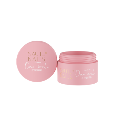 Recipiente rosa de plástico para produtos de unhas com tampa e texto dourado