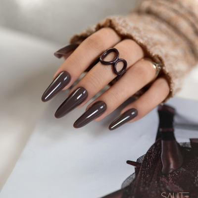 Unhas stiletto castanhas escuras com anel preto e manga de malha castanha
