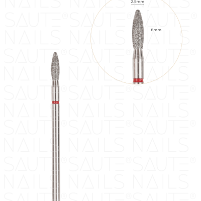 Broca metálica para unhas com ponta de diamante em cone alongado e anel vermelho