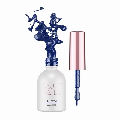 Esmalte de unhas azul oceano em frasco branco fosco com tampa rosa e pincel aplicador