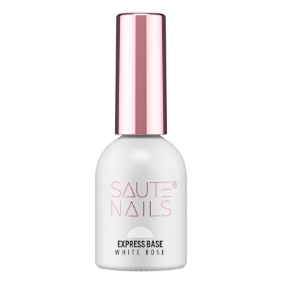 Frasco branco de base para unhas com tampa rosa metálica e texto SAUTE NAILS e EXPRESS BASE WHITE ROSE