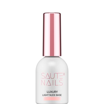 Frasco branco de verniz de unhas com tampa rosa metálica e texto SAUTE NAILS LUXURY LIGHT NUDE BASE