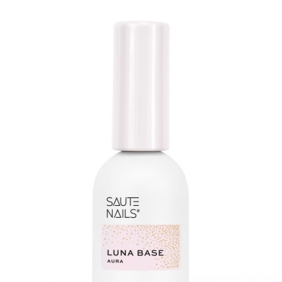 Frasco branco de verniz para unhas com tampa rosa pálido e rótulo 'LUNA BASE AURA'
