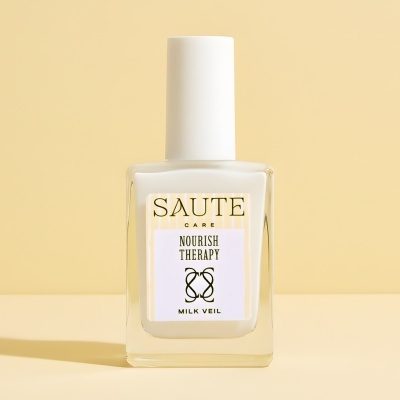 Frasco de vidro transparente com tampa branca e etiqueta de produto de cuidados