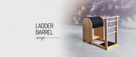 Equipamento LADDER BARREL em madeira clara e preto num ambiente de parede texturada cinzenta