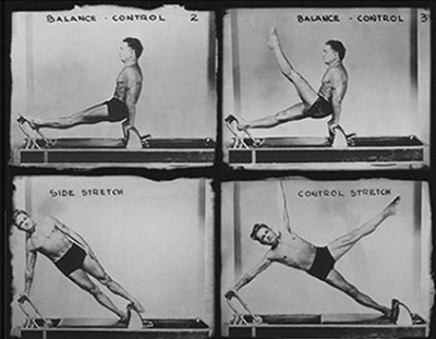 Homem em quatro poses diferentes de exercícios de equilíbrio e estiramento em preto e branco