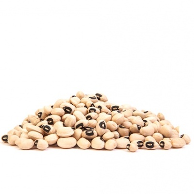 Feijões brancos com pinta preta sobre fundo branco