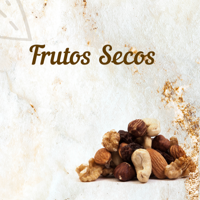 Texto 'Frutos Secos' com monte de frutos secos variados no canto inferior direito