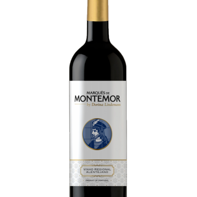Garrafa de vinho tinto Marques de Montemor com rótulo branco e cápsula dourada