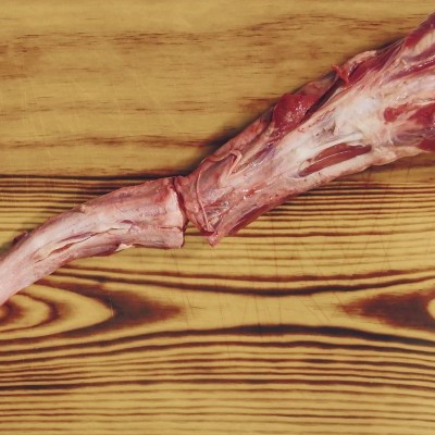 Peça de carne crua com ossos numa tábua de madeira.