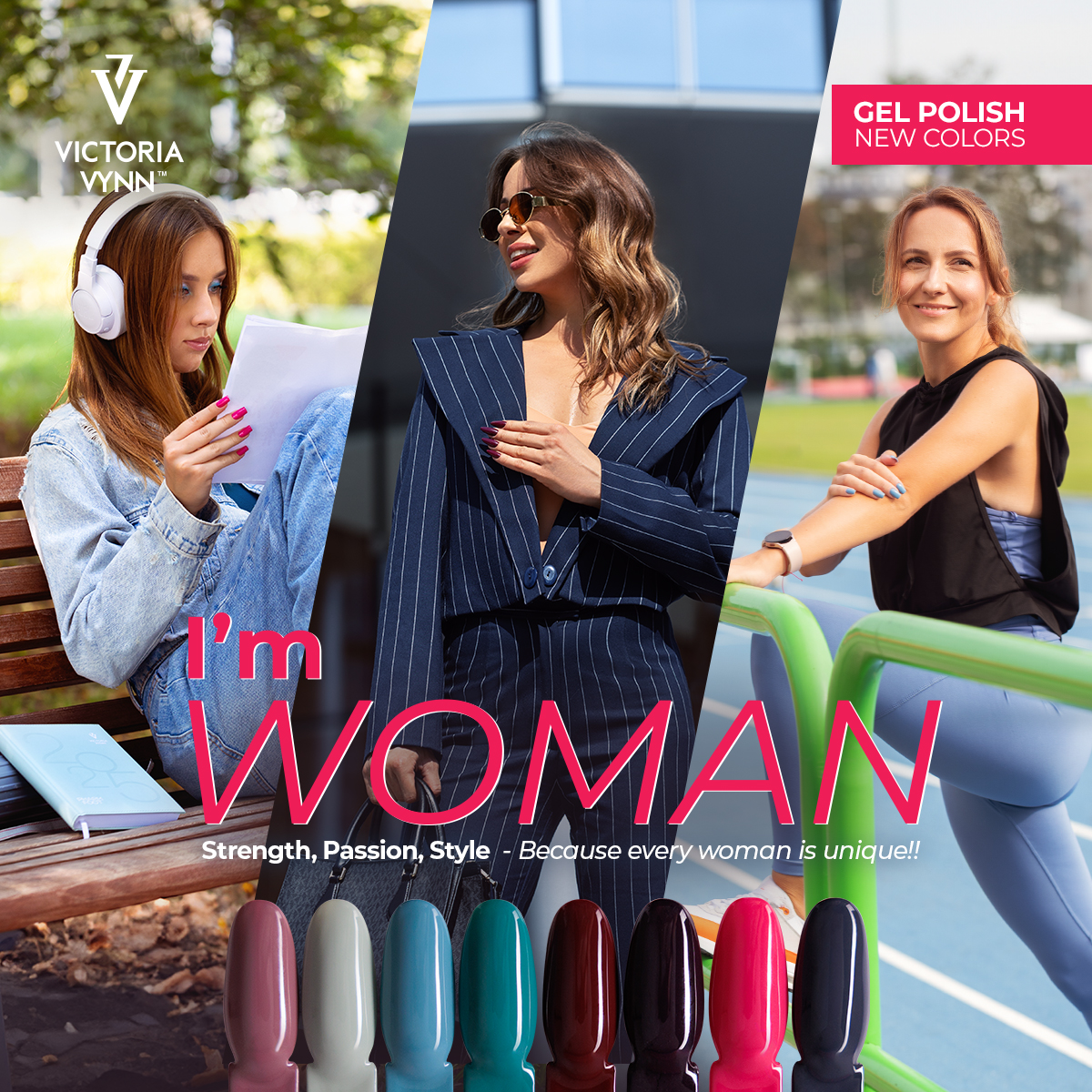 Anúncio de gel polish Victoria Lynn com mulheres em diferentes ambientes e várias cores de verniz.