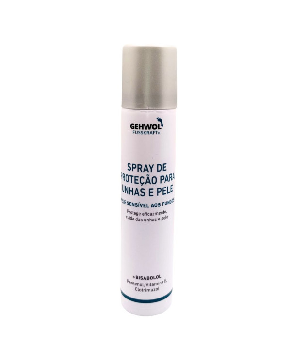 Gehwol - Spray Proteção Para Unhas e Pele - 100ml (Fungos) Frasco branco de spray GEHWOL para proteção de unhas e pele com tampa prateada