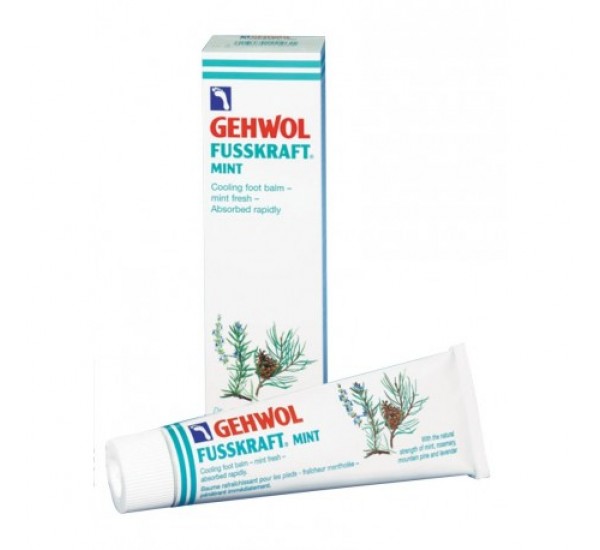 Gehwol Fusskraft - Mint (Refrescante) - 125 ml (Pés Cansados) Creme para pés GEHWOL FUSSKRAFT MINT em tubo branco com caixa e ilustrações botânicas