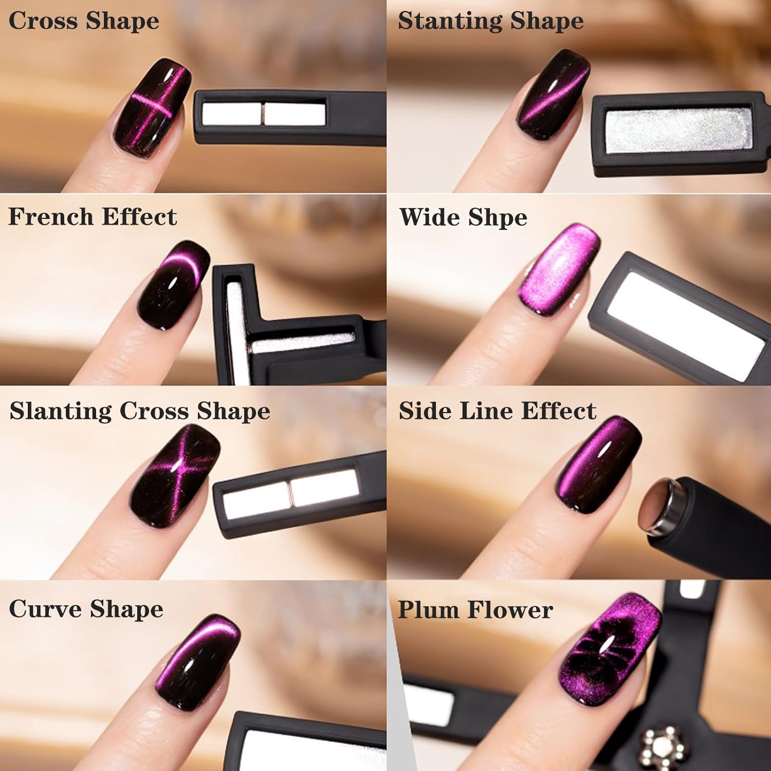 Íman de unhas - Multifuncional 5 em 1 (Magnético) Esmaltes magnéticos roxos e palhetas com formatos variados para efeitos nas unhas