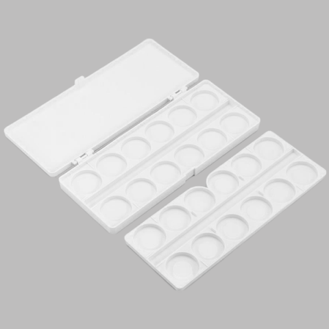 Palete de pintura plástica branca com 21 cavidades redondas e tampa