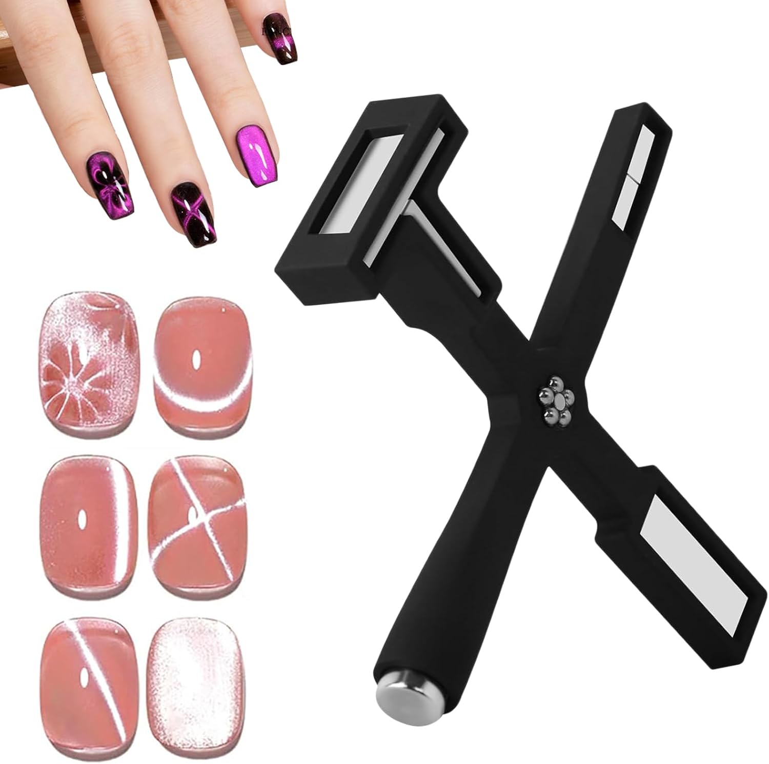 Íman de unhas - Multifuncional 5 em 1 (Magnético) Unhas postiças rosa e branca com padrões e ferramenta preta em forma de X