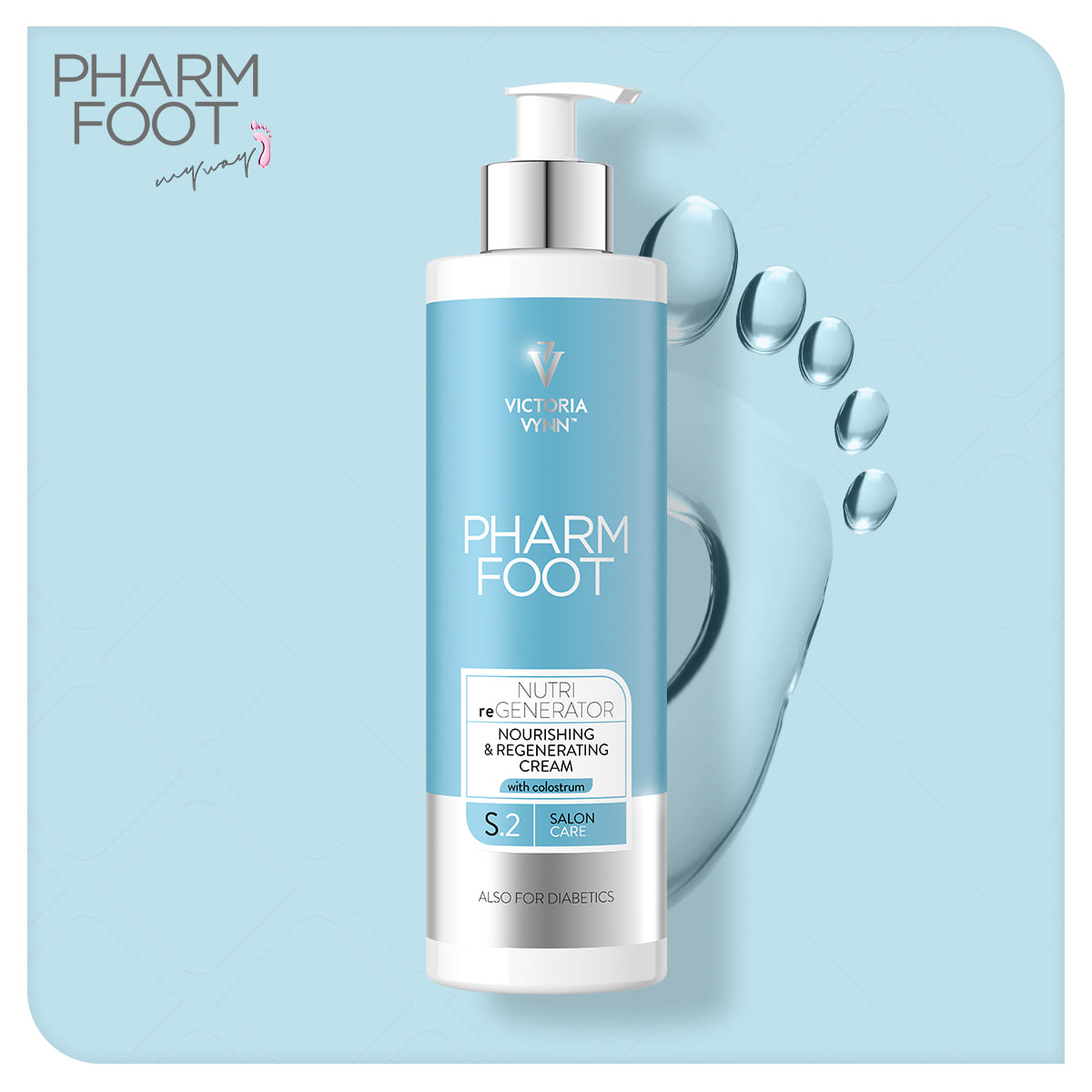 Pharm Foot Colostrum - Nutri Regenerator 400ml Frasco de creme para pés Pharm Foot Victoria Vynn com doseador e fundo azul