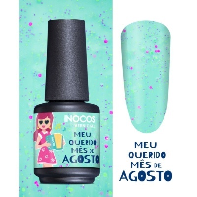 Frasco de verniz gel azul-turquesa com glitter rosa e lilás e texto 'MEU QUERIDO MÊS DE AGOSTO'