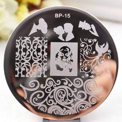 Placa metálica circular para carimbos de unhas com desenho e código BP-15.