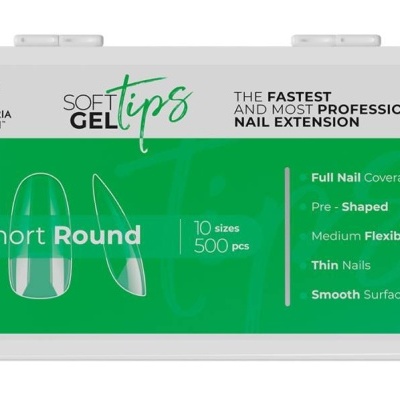 Caixa branca de unhas postiças Soft Gel Tips com tampa transparente e texto verde e preto