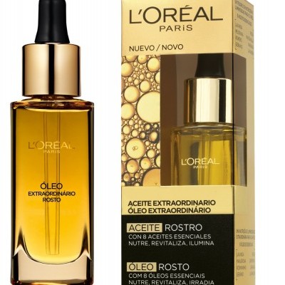 Frasco de óleo dourado com conta-gotas e embalagem dourada L'OREAL PARIS