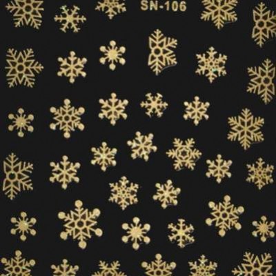 Padrões dourados de flocos de neve sobre fundo preto com texto SN-106