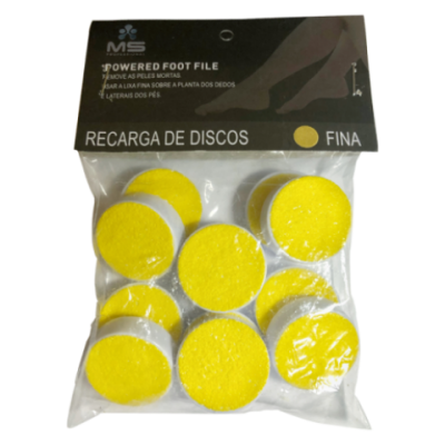 Pacote de recargas de discos para lima de pés elétrica amarelos e embalagem preta com texto