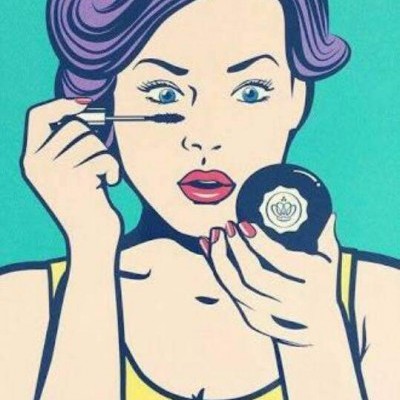 Mulher pop art a aplicar maquilhagem com espelho redondo preto