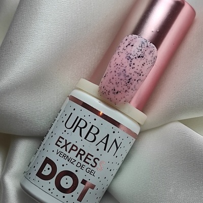 Frasco branco de verniz de gel com tampa rosa e amostra rosa com pontos pretos