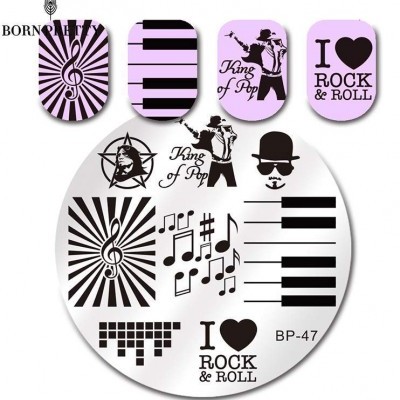 Decalques para unhas com temas musicais e texto em preto sobre fundo lilás e branco