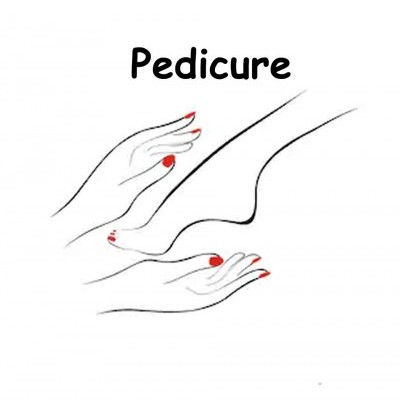 Ilustração minimalista de mãos e pé com unhas vermelhas e texto 'Pedicure'.