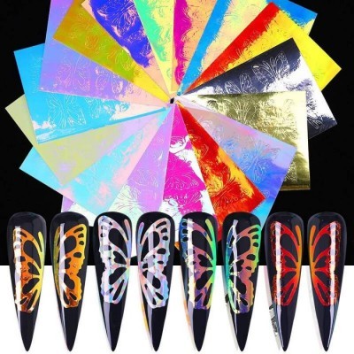 Folhas de transferência metálicas para unhas com padrão de borboleta e unhas postiças com decoração de borboleta