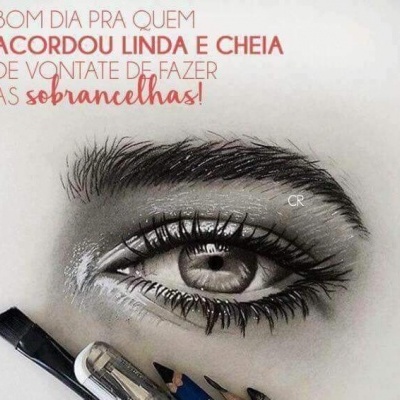 Desenho de olho com lápis de sobrancelha e texto motivacional em português