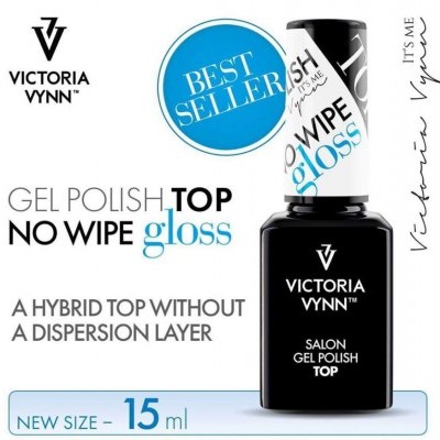 Frasco preto de verniz gel Victoria Vynn com tampa branca, texto promocional ao fundo